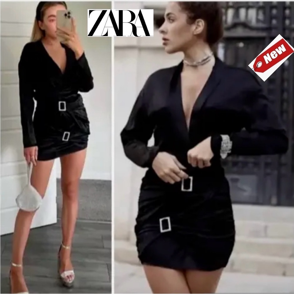 Zara Black satin effect long sleeve V neck crystal rhinestone buckle dress NWT